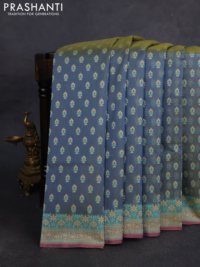 Banarasi silk cotton saree grey with allover thread weaves and woven border