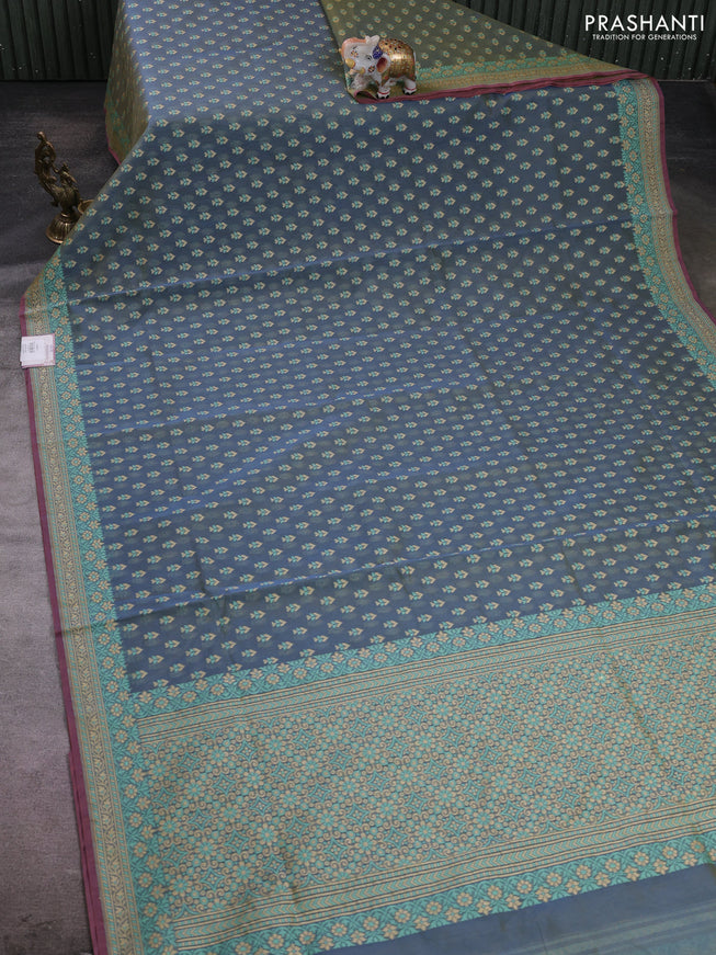 Banarasi silk cotton saree grey with allover thread weaves and woven border
