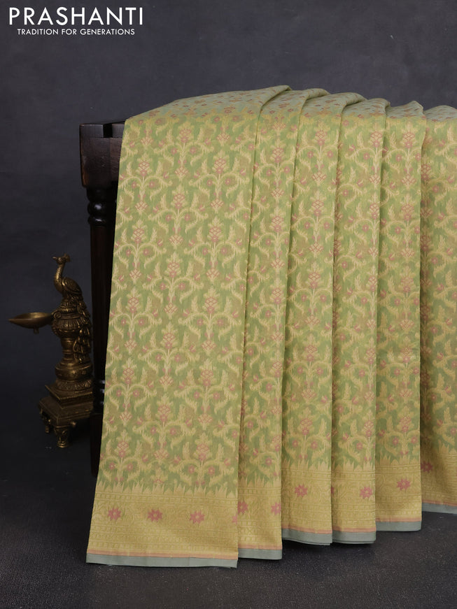 Banarasi silk cotton saree pista green with allover thread weaves and woven border