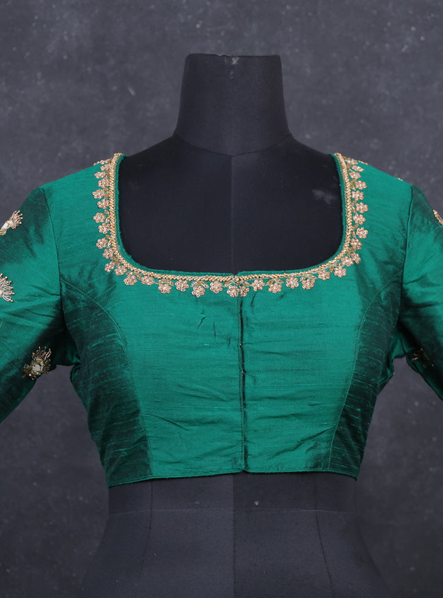 Green Raw Silk embroidery Readymade Blouse Green and