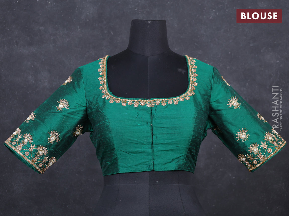 Green Raw Silk embroidery Readymade Blouse Green and