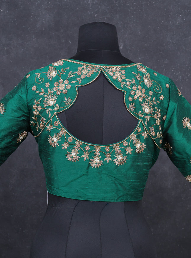 Green Raw Silk embroidery Readymade Blouse Green and