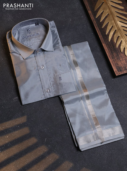 Grey Silk Shirt & Dhoti Combo Grey and Full Sleeve