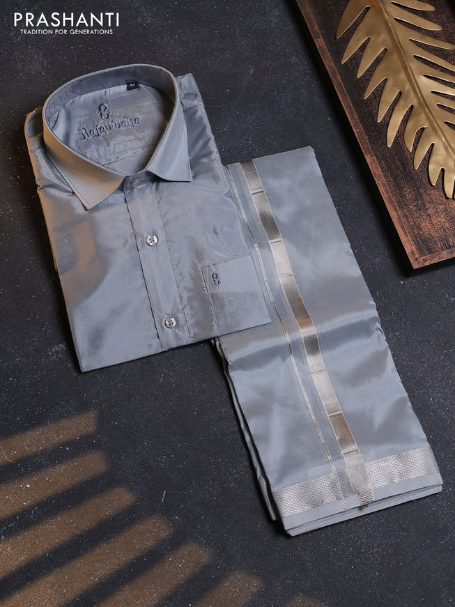 Grey Silk Shirt & Dhoti Combo Grey and Full Sleeve