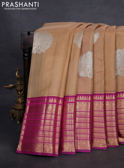 Pure Kora kanchipuram silk saree sandal and purple with silver zari woven coin buttas and long zari woven border