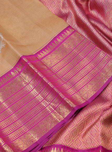 Pure Kora kanchipuram silk saree sandal and purple with silver zari woven coin buttas and long zari woven border