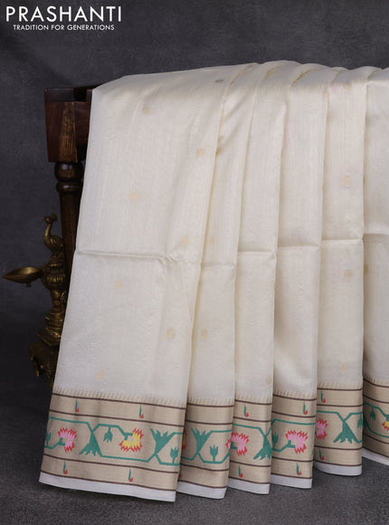 Semi Paithani Saree off white with zari woven buttas and muniya butta border