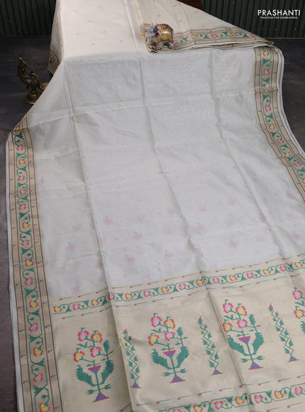 Semi Paithani Saree off white with zari woven buttas and muniya butta border