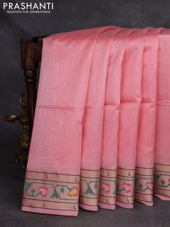 Semi Paithani Saree peach pink with zari woven buttas and muniya butta border
