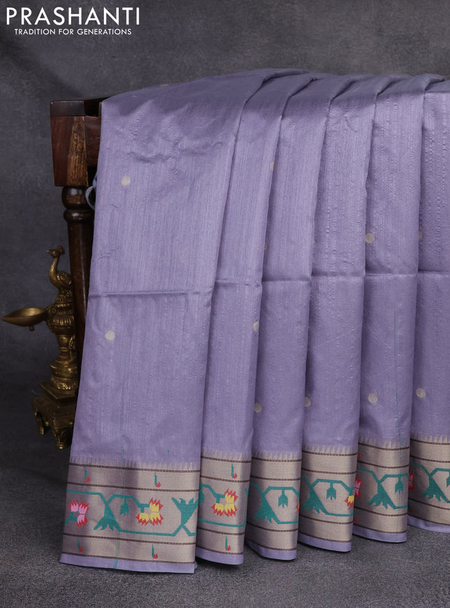 Semi Paithani Saree grey with zari woven buttas and muniya butta border