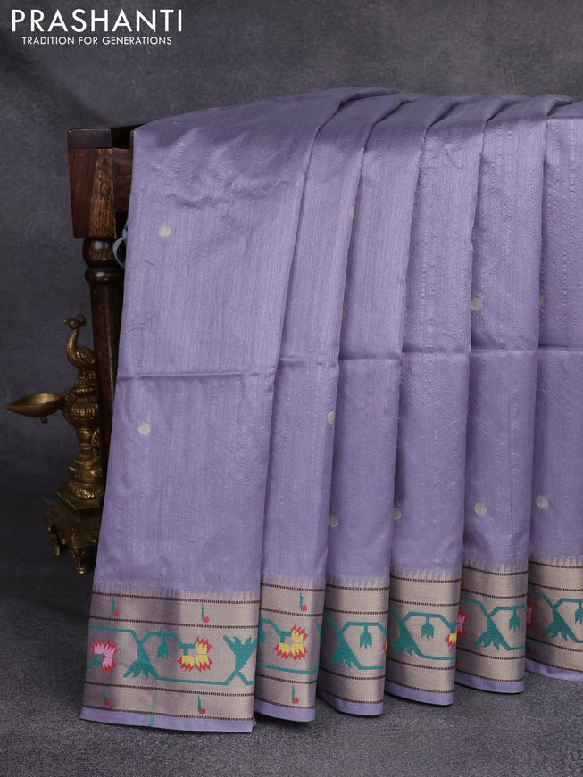 Semi Paithani Saree grey with zari woven buttas and muniya butta border