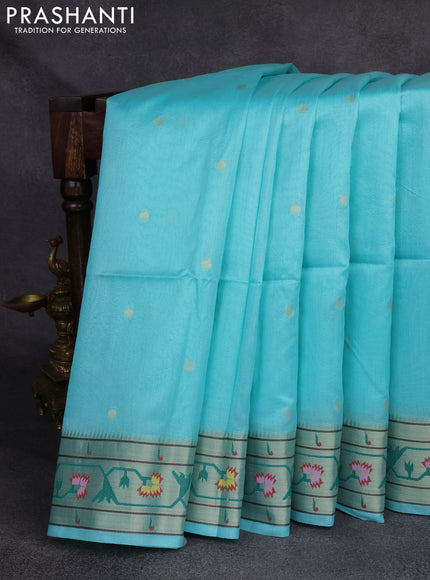Semi Paithani Saree teal blue with zari woven buttas and muniya butta border