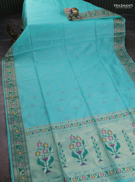 Semi Paithani Saree teal blue with zari woven buttas and muniya butta border