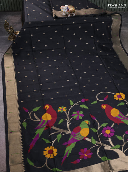 Semi Paithani Saree black with zari woven buttas and parrot thread weaving pallu