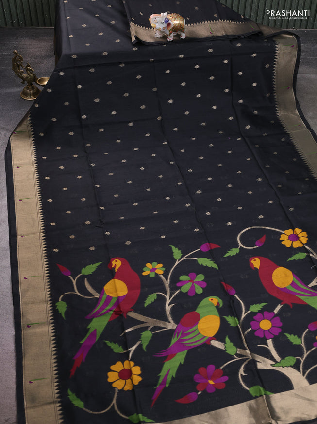 Semi Paithani Saree black with zari woven buttas and parrot thread weaving pallu