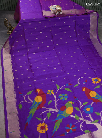 Semi Paithani Saree violet with zari woven buttas and parrot thread weaving pallu