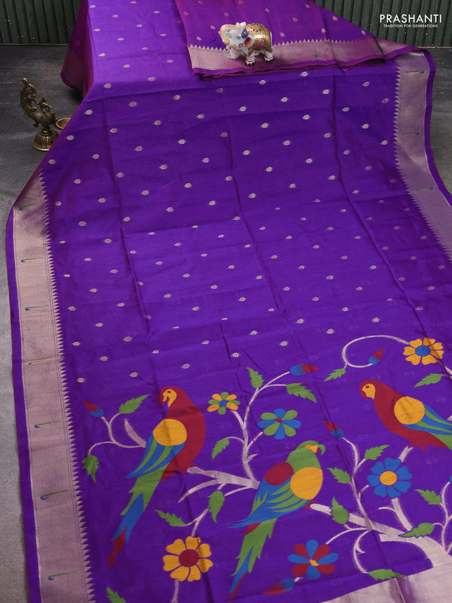Semi Paithani Saree violet with zari woven buttas and parrot thread weaving pallu