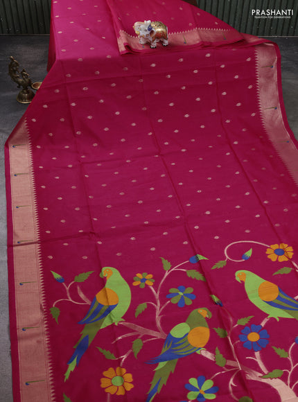 Semi Paithani Saree pink with zari woven buttas and parrot thread weaving pallu