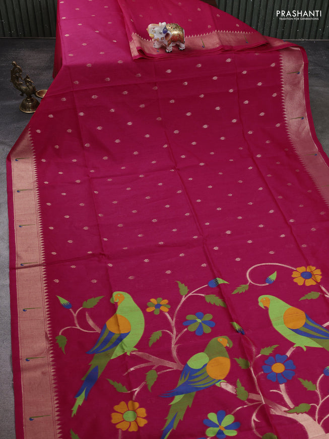 Semi Paithani Saree pink with zari woven buttas and parrot thread weaving pallu