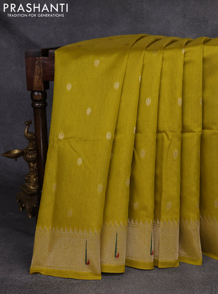 Semi Paithani Saree lime yellow with zari woven buttas and parrot thread weaving pallu