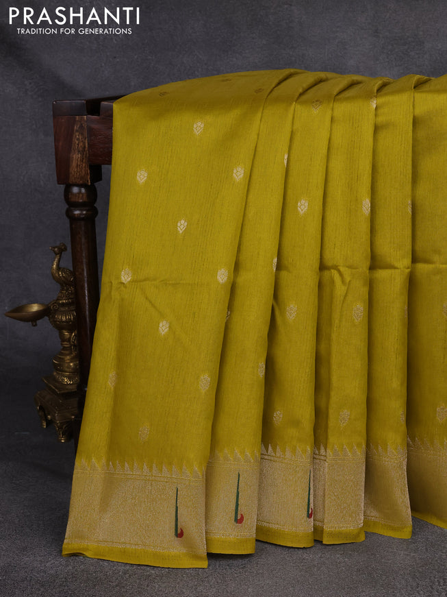 Semi Paithani Saree lime yellow with zari woven buttas and parrot thread weaving pallu