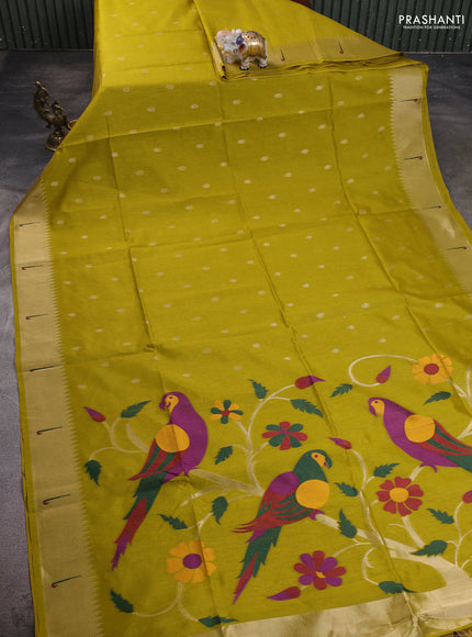 Semi Paithani Saree lime yellow with zari woven buttas and parrot thread weaving pallu