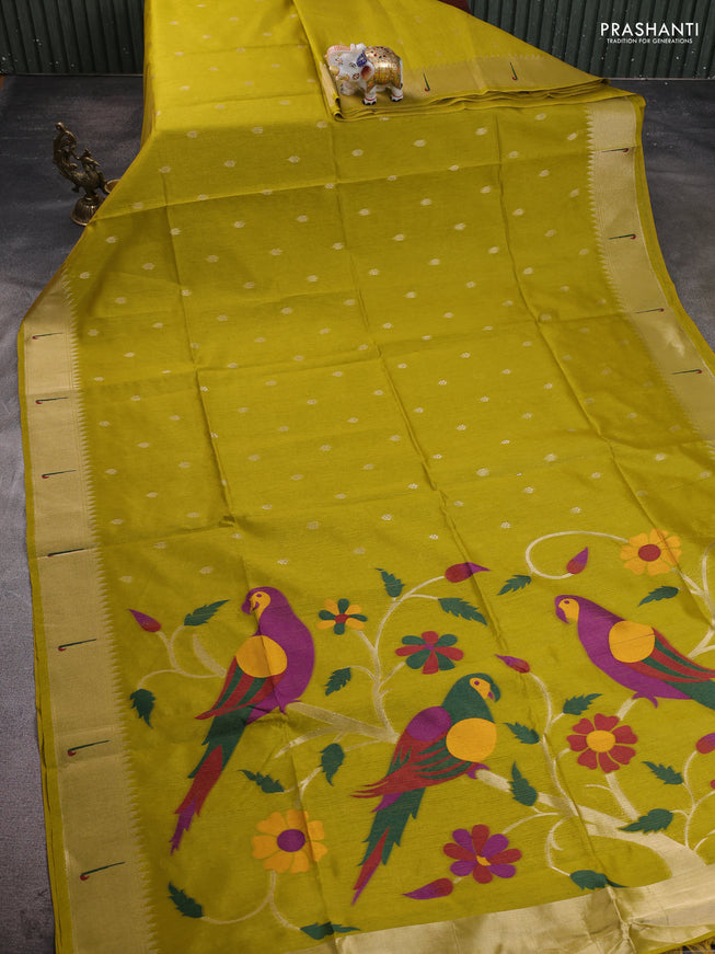 Semi Paithani Saree lime yellow with zari woven buttas and parrot thread weaving pallu
