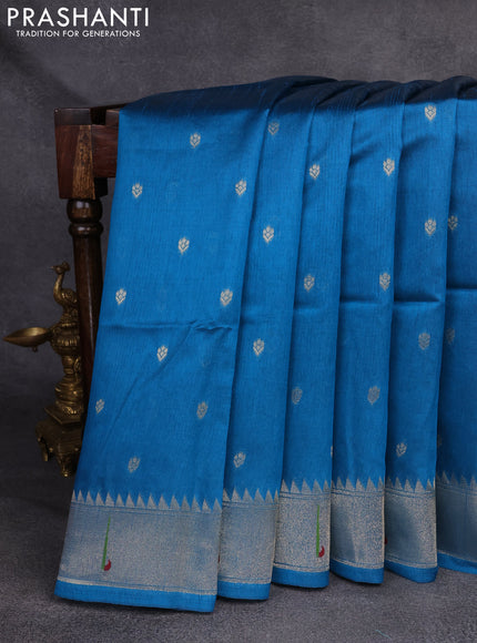Semi Paithani Saree cs blue with zari woven buttas and parrot thread weaving pallu