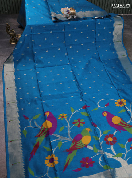 Semi Paithani Saree cs blue with zari woven buttas and parrot thread weaving pallu