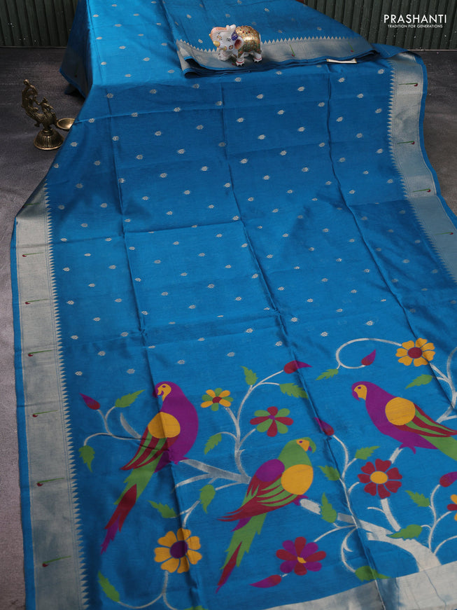 Semi Paithani Saree cs blue with zari woven buttas and parrot thread weaving pallu