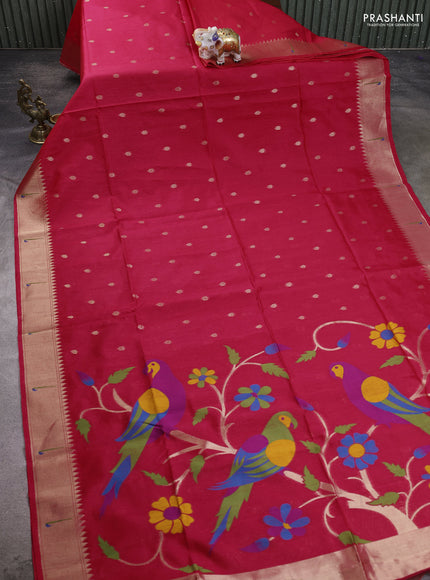 Semi Paithani Saree pink with zari woven buttas and parrot thread weaving pallu