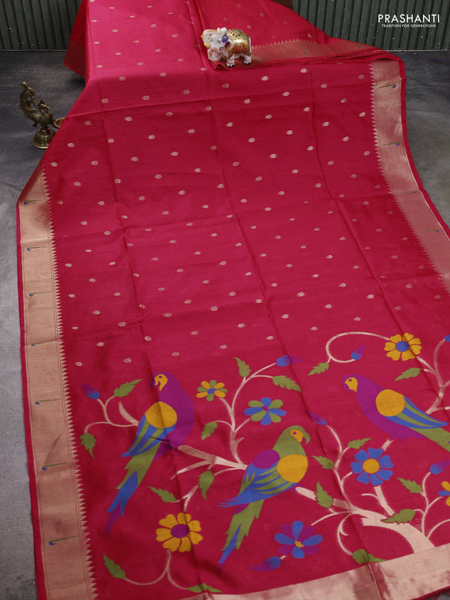 Semi Paithani Saree pink with zari woven buttas and parrot thread weaving pallu
