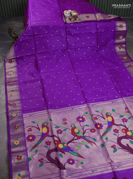 Semi Paithani Saree purple with zari woven buttas and parrot design paithani pallu