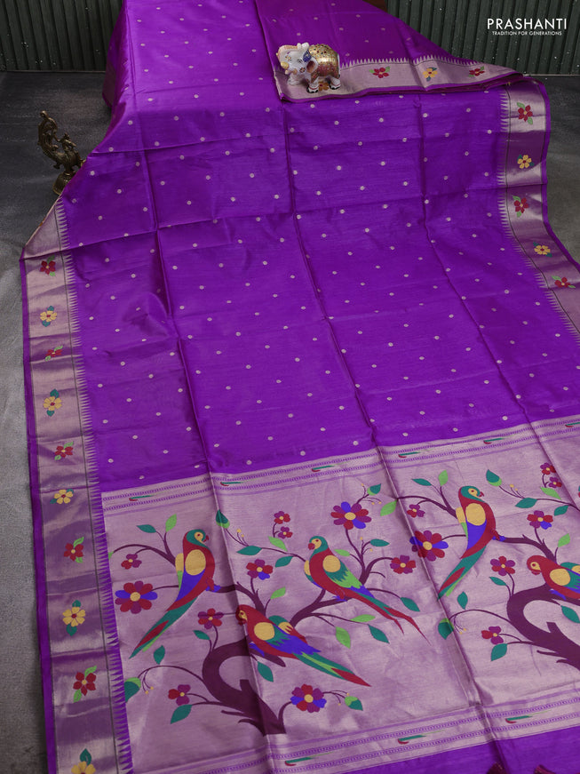 Semi Paithani Saree purple with zari woven buttas and parrot design paithani pallu