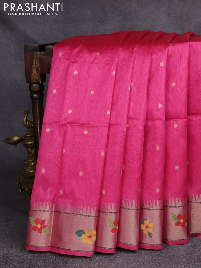 Semi Paithani Saree pink with zari woven buttas and parrot design paithani pallu