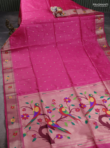 Semi Paithani Saree pink with zari woven buttas and parrot design paithani pallu