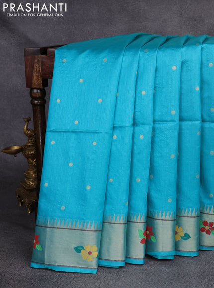 Semi Paithani Saree teal blue with zari woven buttas and parrot design paithani pallu