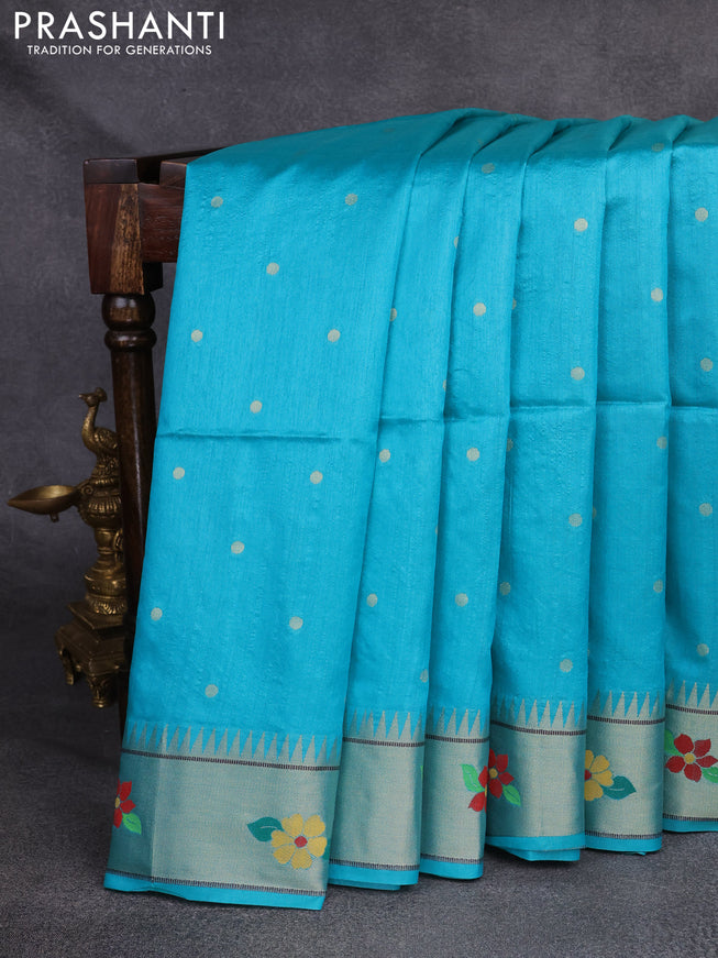 Semi Paithani Saree teal blue with zari woven buttas and parrot design paithani pallu