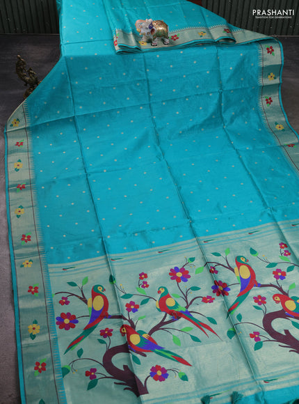Semi Paithani Saree teal blue with zari woven buttas and parrot design paithani pallu