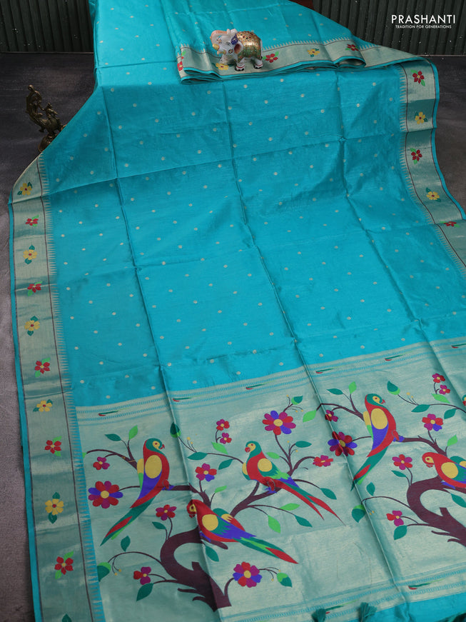 Semi Paithani Saree teal blue with zari woven buttas and parrot design paithani pallu