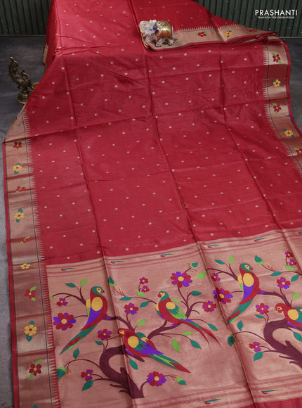 Semi Paithani Saree red with zari woven buttas and parrot design paithani pallu