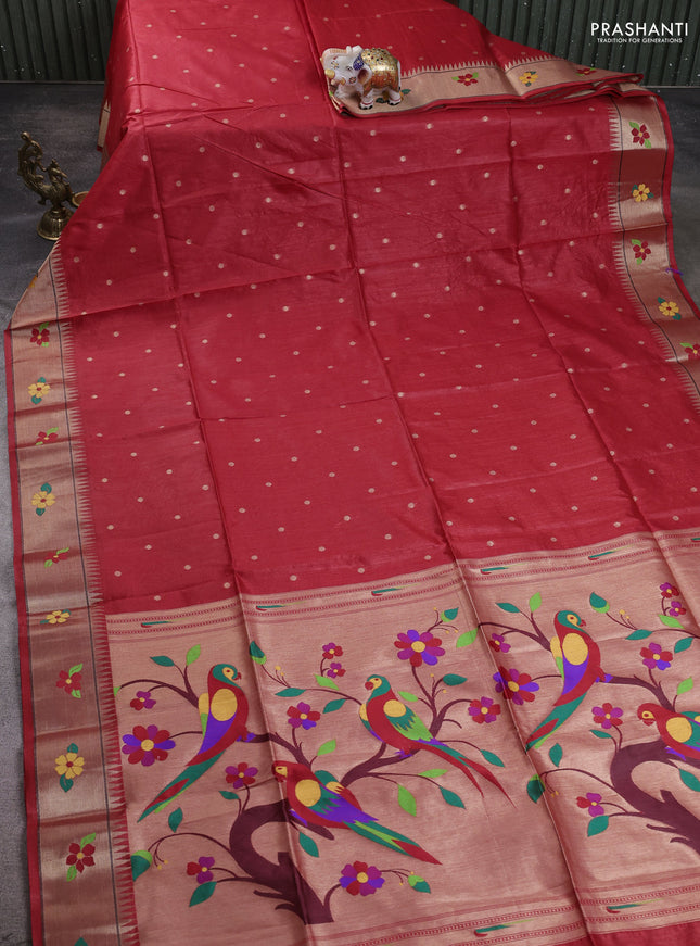 Semi Paithani Saree red with zari woven buttas and parrot design paithani pallu