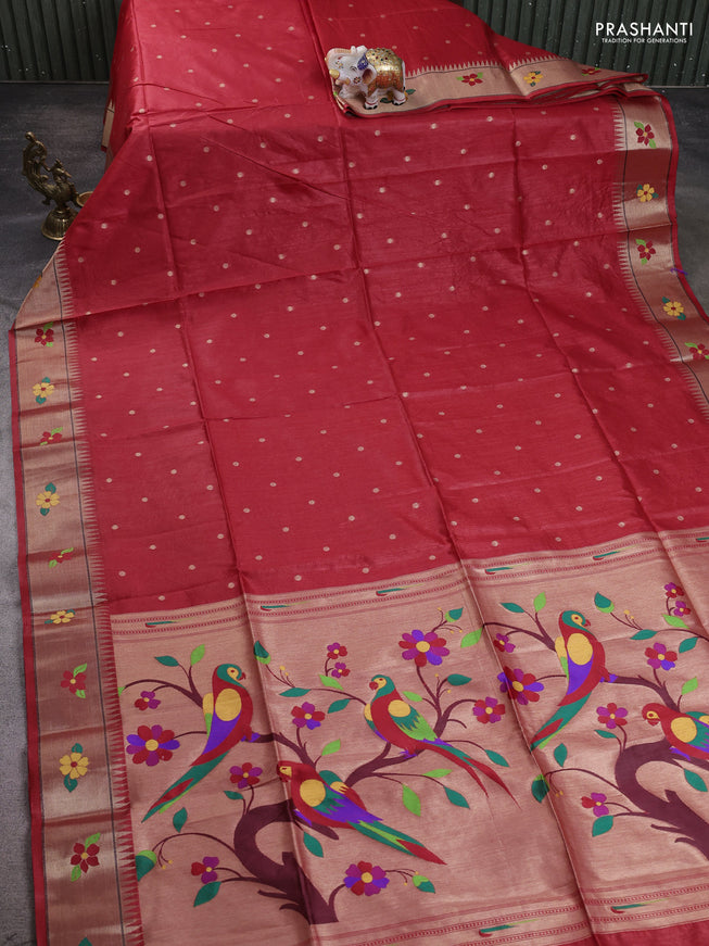 Semi Paithani Saree red with zari woven buttas and parrot design paithani pallu