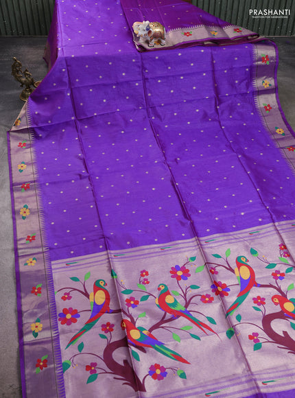 Semi Paithani Saree violet with zari woven buttas and parrot design paithani pallu