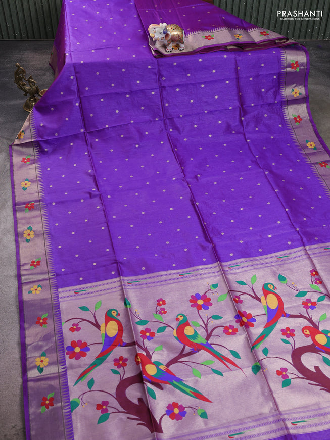 Semi Paithani Saree violet with zari woven buttas and parrot design paithani pallu