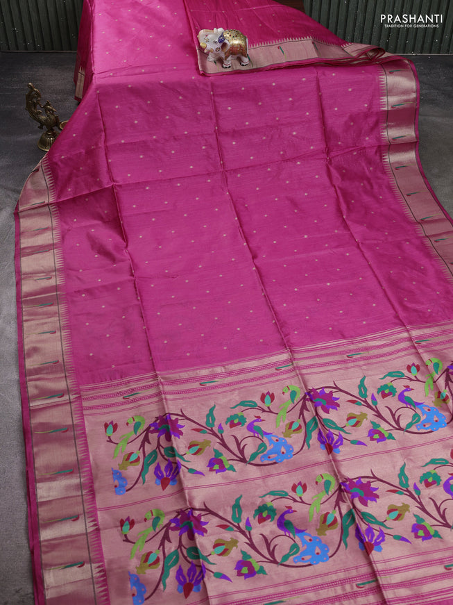 Semi Paithani Saree pink with zari woven buttas and peacock design paithani pallu