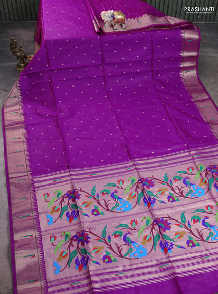 Semi Paithani Saree purple with zari woven buttas and peacock design paithani pallu