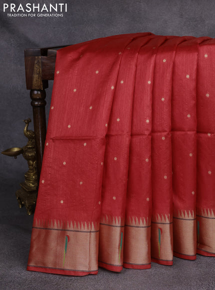 Semi Paithani Saree red with zari woven buttas and peacock design paithani pallu