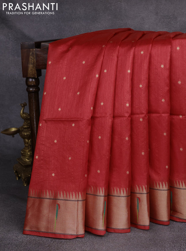 Semi Paithani Saree red with zari woven buttas and peacock design paithani pallu
