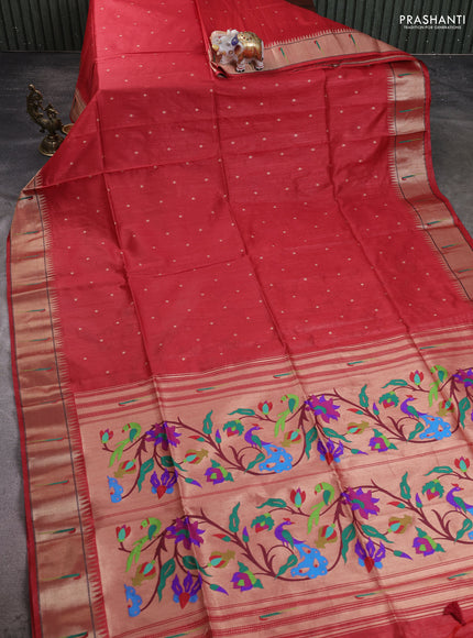 Semi Paithani Saree red with zari woven buttas and peacock design paithani pallu